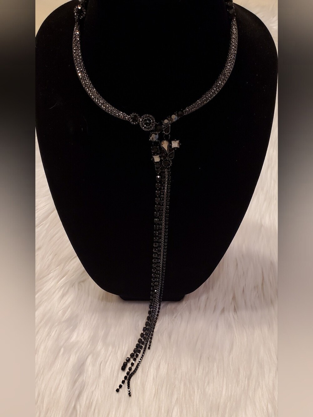 WHBM Black Crystal Tassel Statement Necklace Gunmetal Rhinestone Lariat
